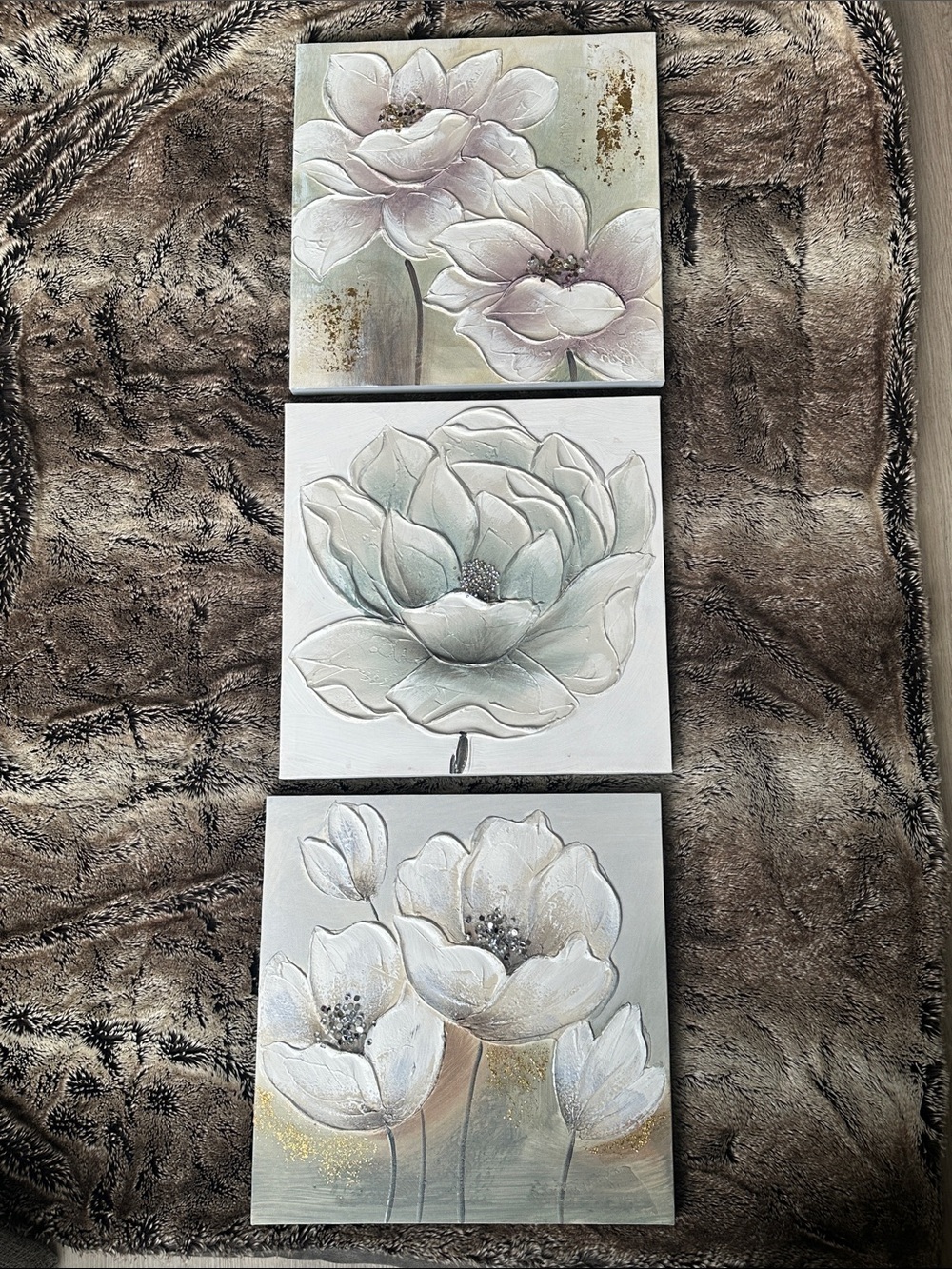 Set of 3 Textured Floral Canvas Wall Art - White, Cream, Soft Green